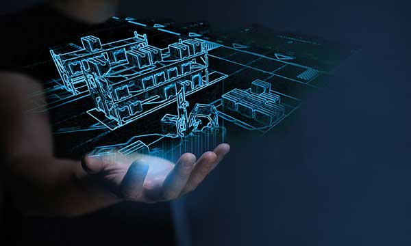 Image shows a hand with the digital twin of a warehouse